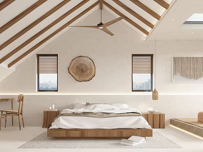 Hotel Guest Room With Vaulted Wooden Beam Ceiling Ceiling Fan And Circular Wooden Slice Decor 3d model