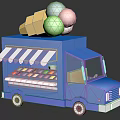 Blue Ice Cream Truck With Striped Awning Waffle Cones And Ice Cream Scoops On Roof