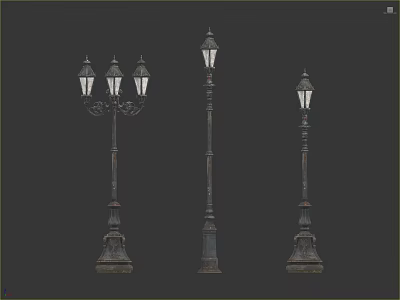 Vintage Style Decorative Street Lamp Posts With Multiple Light Heads And Ornate Bases 3d model