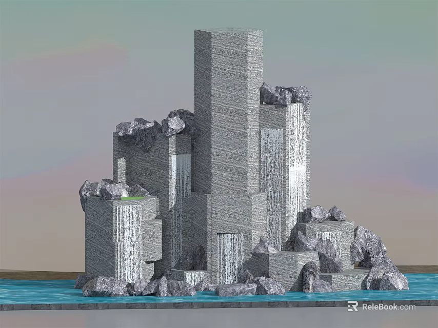 Garden Ornament Featuring Stacked Stone Waterfall Surrounding Water And Small Green Plants 3d model 