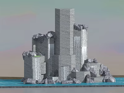 Garden Ornament Featuring Stacked Stone Waterfall Surrounding Water And Small Green Plants 3d model
