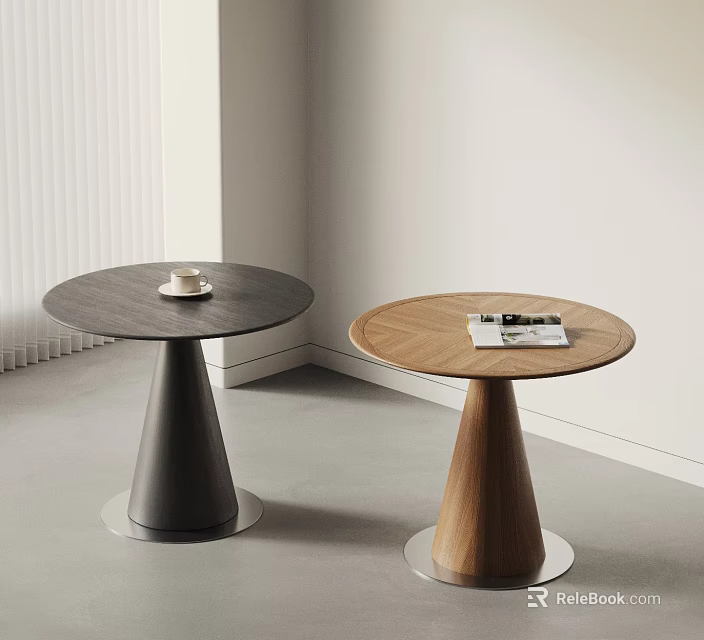 Round Black And Wooden Dining Tables With Cup And Magazines In Minimalist Interior 3d model 