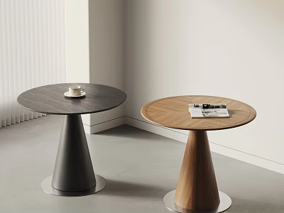 Round Black And Wooden Dining Tables With Cup And Magazines In Minimalist Interior 3d model