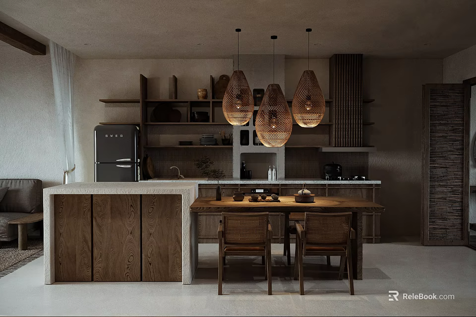 Modern Restaurant Interior With Wooden Cabinets Woven Pendant Lights And Dining Table 3d model 