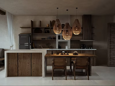 Modern Restaurant Interior With Wooden Cabinets Woven Pendant Lights And Dining Table 3d model