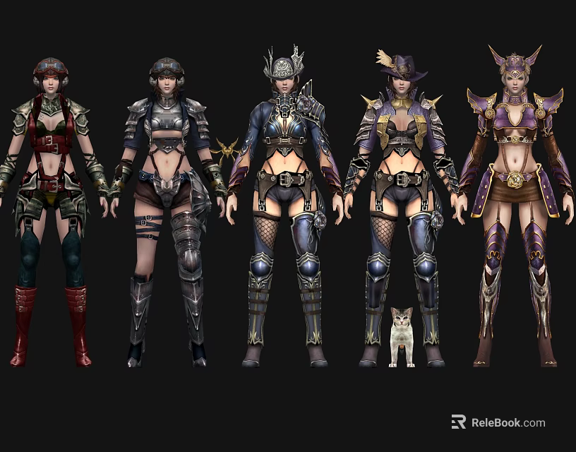 Game and Movie Female Characters in Various Armored Costumes with Small Cat 3d model 