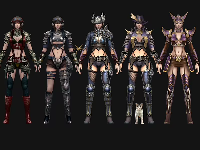 Game and Movie Female Characters in Various Armored Costumes with Small Cat 3d model