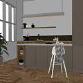 Modern Kitchen With Gray Cabinets Wooden Island Potted Plant And Hanging Light
