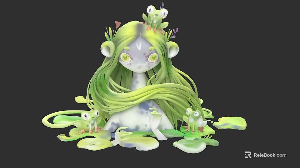 Green Haired Nature Character With Frogs On Lily Pads Spotted Skin 3d model 