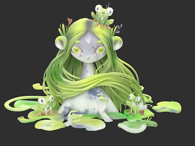 Green Haired Nature Character With Frogs On Lily Pads Spotted Skin 3d model