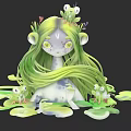 Green Haired Nature Character With Frogs On Lily Pads Spotted Skin