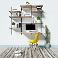 Light Blue Wall Cabinets On Pink Wall With Green Plants And Wooden Stool