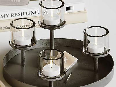 Modern Candle Holder Design With Black Metal Tray Glass Shades And White Candles 3d model