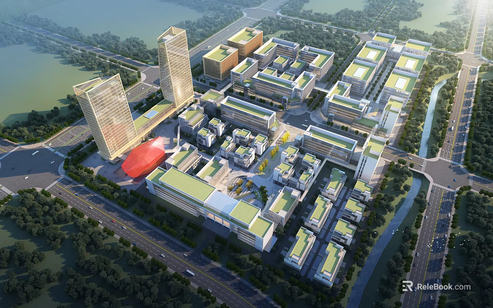 Large Scale Modern Industrial Plant Park With Multiple Buildings Greenery And Road Network 3d model 