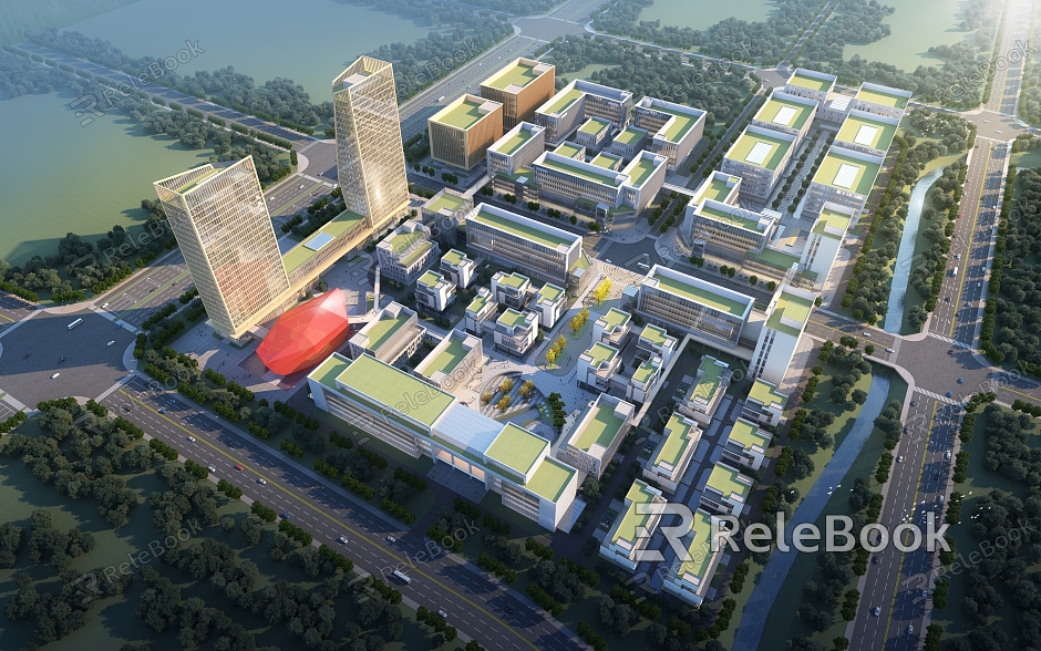 Aerial View of Public Office High-rise in Modern Industrial Park model