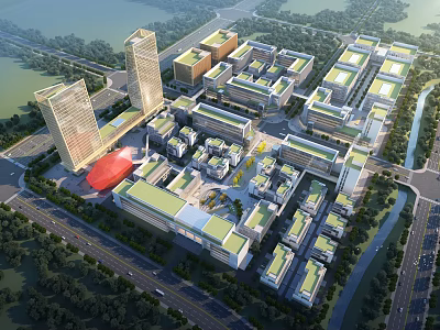 Large Scale Modern Industrial Plant Park With Multiple Buildings Greenery And Road Network 3d model