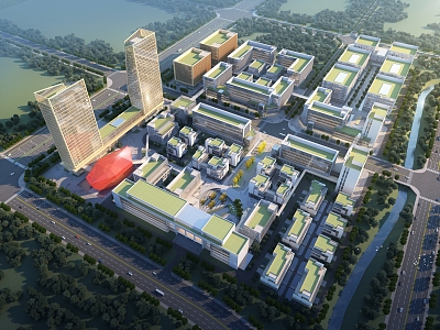 Aerial View of Public Office High-rise in Modern Industrial Park model