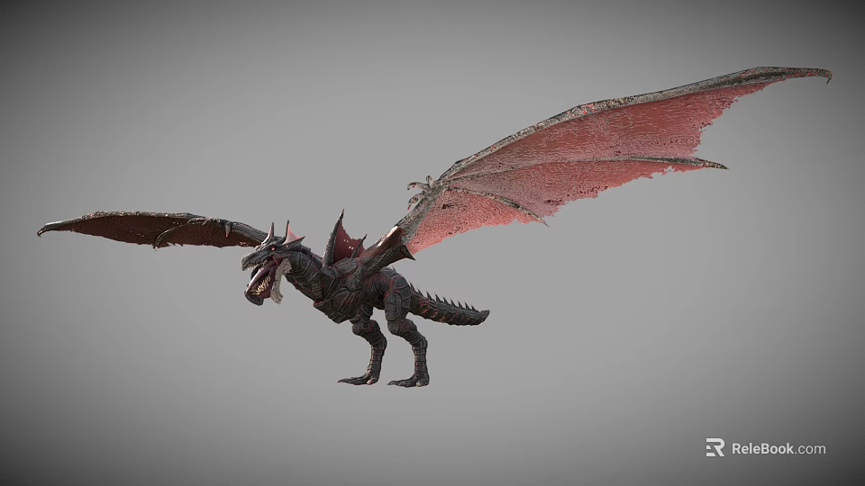Mythical Reptile With Red Wings And Scaly Body Flying In Gray Background 3d model 