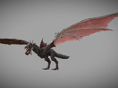 Mythical Reptile With Red Wings And Scaly Body Flying In Gray Background 3d model