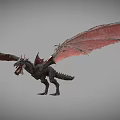 Mythical Reptile With Red Wings And Scaly Body Flying In Gray Background