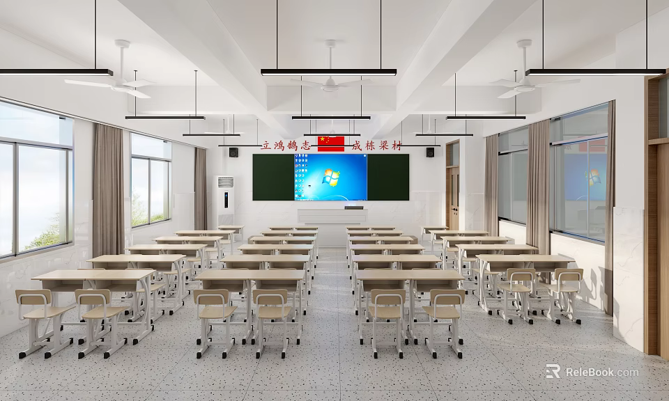 Neat School Classroom With Desks Chairs And Blackboards 3d model 