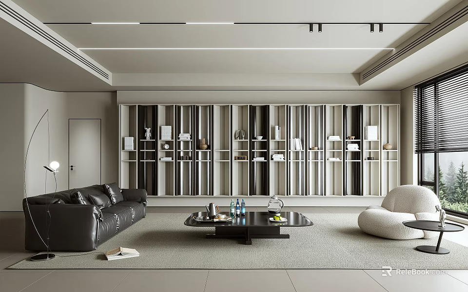Modern Living Room Interior With Black Leather Sofa Coffee Table Bookshelf And Large Window 3d model 