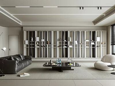 Modern Living Room Interior With Black Leather Sofa Coffee Table Bookshelf And Large Window 3d model