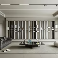 Modern Living Room Interior With Black Leather Sofa Coffee Table Bookshelf And Large Window