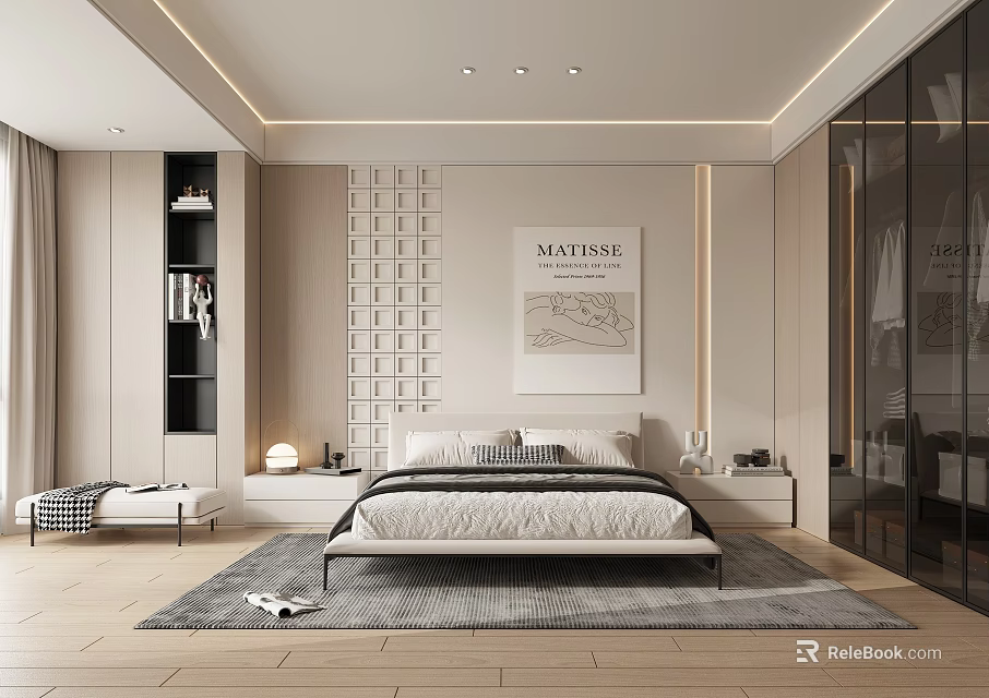 Minimalist Modern Bedroom Interior With Platform Bed Area Rug And Glass Wardrobe Wall Art 3d model 