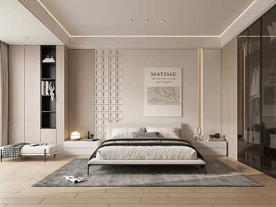 Minimalist Modern Bedroom Interior With Platform Bed Area Rug And Glass Wardrobe Wall Art 3d model