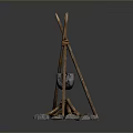 Wooden Tripod and Stone Fire Pit Setup with Hanging Pot and Burning Flames