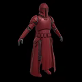 Red Armored Game Movie Character With Long Robe Helmet And Black Gloves