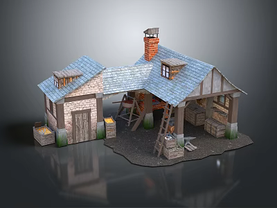Rustic Wooden House With Blue Roof Brick Chimney Windows Wooden Door And Ladders 3d model