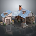Rustic Wooden House With Blue Roof Brick Chimney Windows Wooden Door And Ladders
