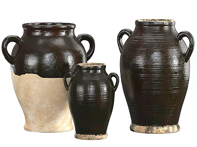 Various Sizes Two Handled Vintage Ceramic Jars With Dark Brown And Cream Textured Surfaces 3d model