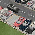 Various Colored Cars Parked In Organized Parking Lot With Green Lawn And Road Lines