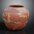 Handcrafted Traditional Red Ceramic Jar With Animal Motifs And Geometric Patterns