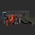 Public Street Facilities Featuring Blue Phone Booth Red Fire Hydrants Green Bench And Metal Fence