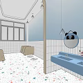 Bright Modern Public Restroom Interior With Blue Walls Sinks Panda Mirrors And Colorful Terrazzo Flooring