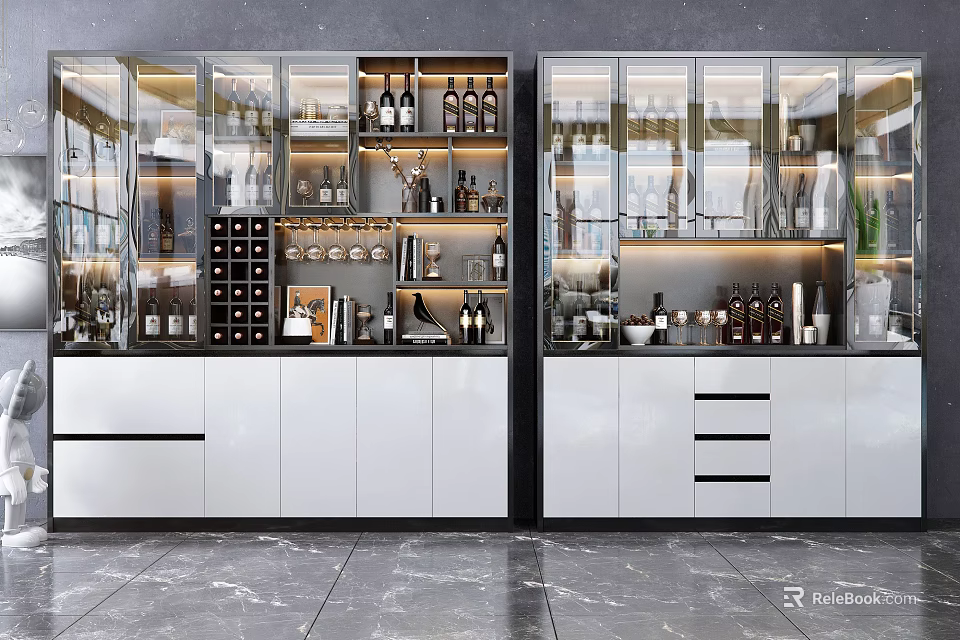 Modern Wine Cabinet With Glass Doors Wine Bottles Glassware And LED Lighting 3d model 