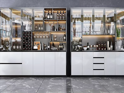 Modern Wine Cabinet With Glass Doors Wine Bottles Glassware And LED Lighting 3d model