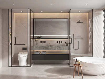 Modern Bathroom Interior With Glass Partitions Vanity Bathtub And Toilet 3d model