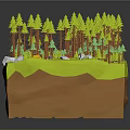 Cartoon Style Forest Camping Scene With Green Pine Trees Grass Rocks And Blue Tent