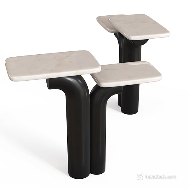 Three Piece Modern Coffee Tables Set With Marble Tops And Black Legs 3d model 