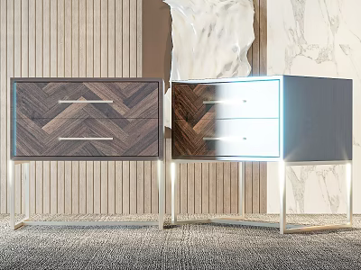 Modern Wooden Nightstands With Herringbone Pattern Drawers And Sleek Metal Legs In Interior 3d model