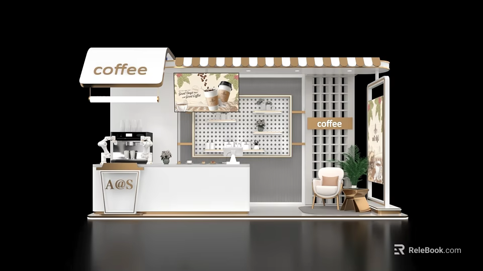 Modern Coffee Booth Interior Design With Counter Coffee Machine Display Shelf Chair And Plant 3d model 