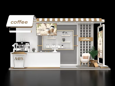 Modern Coffee Booth Interior Design With Counter Coffee Machine Display Shelf Chair And Plant 3d model