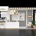 Modern Coffee Booth Interior Design With Counter Coffee Machine Display Shelf Chair And Plant