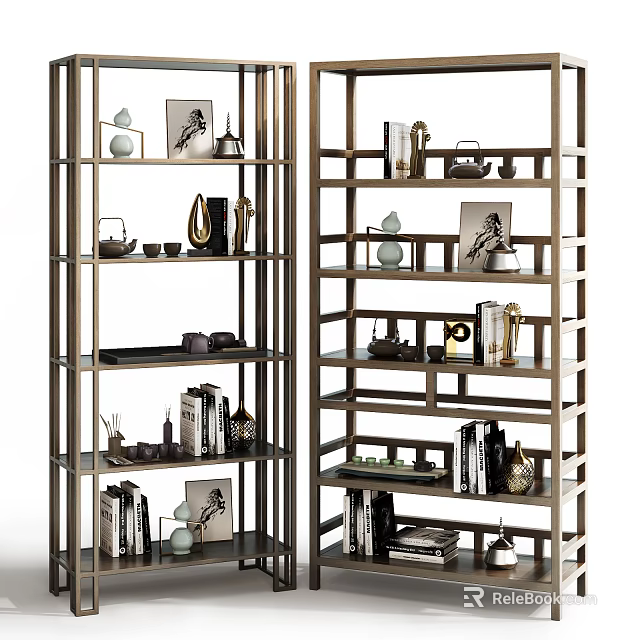 Modern Metal Frame Bookcase With Decorative Items Books And Photo Frames 3d model 