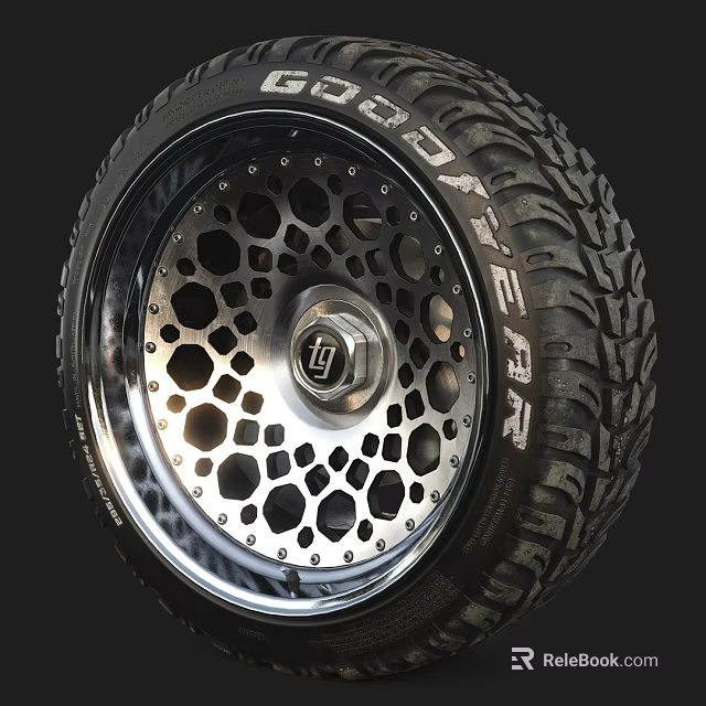 Stylish Off-Road Tire Featuring Deep Tread and Silver Alloy Wheel Hole Design 3d model 